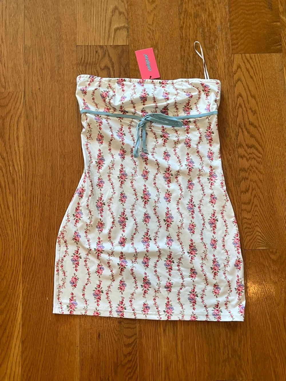 Edikted White Mini Skirt with Pink Floral Print and Blue Tie
